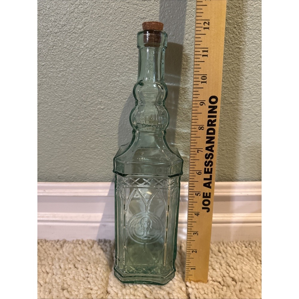 Tall Lt.Sage Green Embossed Designs Pressed Glass Olive Oil Bottle, Spain
